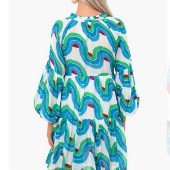 Oliphant Noveau Dress with Retro Swirl Pattern and Balloon Sleeves- Small - Picture 4 of 9